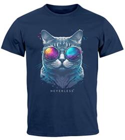 Neverless® Herren T-Shirt Aufdruck Katze Cat Sommer Sonnenbrille Style Fashion Print Fashion Streetstyle Navy M von Neverless