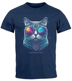 Neverless® Herren T-Shirt Aufdruck Katze Cat Sommer Sonnenbrille Style Fashion Print Fashion Streetstyle Navy XXL von Neverless