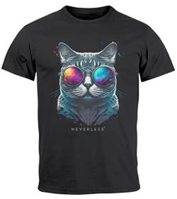 Neverless® Herren T-Shirt Aufdruck Katze Cat Sommer Sonnenbrille Style Fashion Print Fashion Streetstyle anthrazit L von Neverless