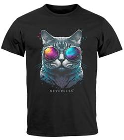 Neverless® Herren T-Shirt Aufdruck Katze Cat Sommer Sonnenbrille Style Fashion Print Fashion Streetstyle schwarz 5XL von Neverless