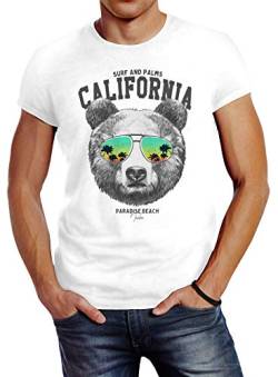 Neverless® Herren T-Shirt Löwe Bär Sonnenbrille Palmen Summer California Slim Fit Bear weiß XS von Neverless