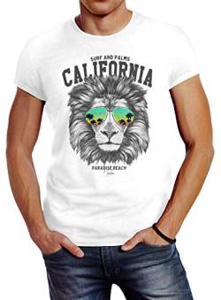 Neverless® Herren T-Shirt Löwe Bär Sonnenbrille Palmen Summer California Slim Fit Lion weiß L von Neverless