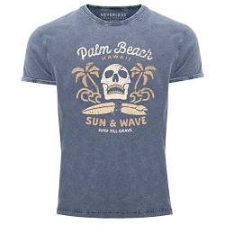 Neverless® Herren T-Shirt Surf-Motiv Totenkopf Palm Beach Vintage Shirt blau XL von Neverless