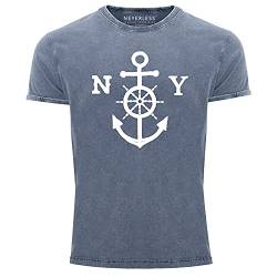 Neverless® Herren T-Shirt Vintage Shirt Printshirt Anker mit Steuerrad Used Look Slim Fit blau XL von Neverless