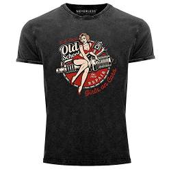 Neverless® Herren T-Shirt Vintage Shirt Printshirt Girls on Cars Retro Vintage Print Pin up Girl Logo Aufdruck Used Look Slim Fit schwarz S von Neverless