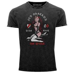 Neverless® Herren T-Shirt Vintage Shirt Printshirt Pin up Girl Racing Design Ride Fast Die Young Schriftzug Used Look Slim Fit schwarz M von Neverless