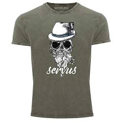 Neverless® Herren T-Shirt Vintage Shirt Printshirt Servus Skull Totenkopf Used Look Slim Fit Oliv L von Neverless