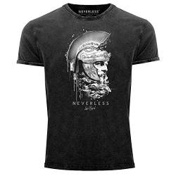 Neverless® Herren T-Shirt Vintage Shirt Printshirt Sparta Spartaner Kopf Helm Krieger Fashion Streetstyle Aufdruck Used Look Slim Fit schwarz XL von Neverless