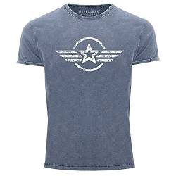 Neverless® Herren Vintage Shirt Airforce Stern Army Military Aufdruck Printshirt T-Shirt Aufdruck Used Look Slim Fit blau S von Neverless