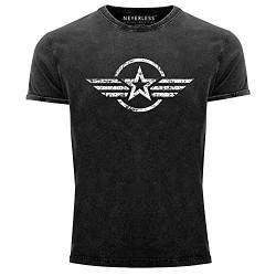 Neverless® Herren Vintage Shirt Airforce Stern Army Military Aufdruck Printshirt T-Shirt Aufdruck Used Look Slim Fit schwarz XXL von Neverless