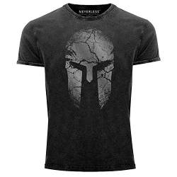 Neverless® Herren Vintage Shirt Aufdruck Sparta Helm Spartan Warrior Printshirt T-Shirt Used Look Slim Fit schwarz M von Neverless