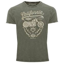 Neverless® Herren Vintage Shirt Biker Motorrad Schriftzug California Full Tank Used Look Slim Fit Oliv XXL von Neverless