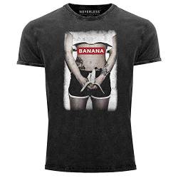 Neverless® Herren Vintage Shirt Fotopint Banana Aufdruck Printshirt Tattoo Girl T-Shirt Used Look Slim Fit schwarz XL von Neverless