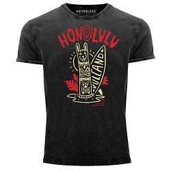 Neverless® Herren Vintage Shirt Herren Tank-Top Honolulu Tiki Totem Maske Surfbrett Surfen Printshirt T-Shirt Aufdruck Used Look schwarz L von Neverless