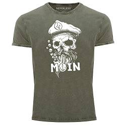 Neverless® Herren Vintage Shirt Moin Kapitän Totenkopf Anker Bart Hamburg Printshirt T-Shirt Aufdruck Used Look Oliv L von Neverless