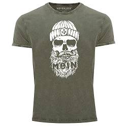 Neverless® Herren Vintage Shirt Moin Totenkopf Anker Skull Printshirt T-Shirt Aufdruck Used Look Slim Fit Oliv L von Neverless