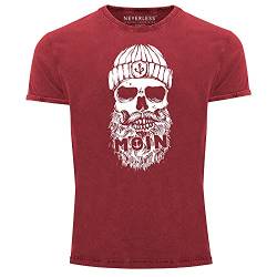 Neverless® Herren Vintage Shirt Moin Totenkopf Anker Skull Printshirt T-Shirt Aufdruck Used Look Slim Fit rot XXL von Neverless