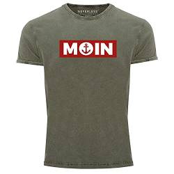 Neverless® Herren Vintage Shirt Moin norddeutsch Morgen Anker Printshirt T-Shirt Aufdruck Used Look Slim Fit Oliv XXL von Neverless