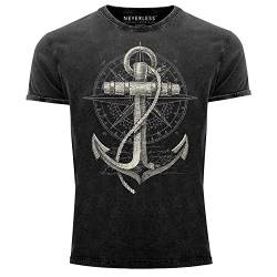 Neverless® Herren Vintage Shirt Print Aufdruck Anker Kompass Motiv Maritim Meer Fashion Streetstyle Used Look Slim Fit schwarz XXL von Neverless