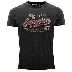 Neverless® Herren Vintage Shirt Retro Motiv Schriftzug Superior Legend Flügel Printshirt T-Shirt Aufdruck Used Look Slim Fit schwarz M von Neverless