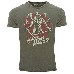 Neverless® Herren Vintage Shirt Samurai Schwert japanische Schriftzeichen Schriftzug Hattori Hanzo Used Look Oliv L von Neverless