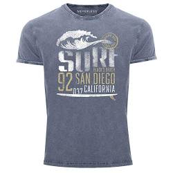 Neverless® Herren Vintage Shirt Surf California T-Shirt Aufdruck San Diego Welle Used Look Slim Fit blau L von Neverless