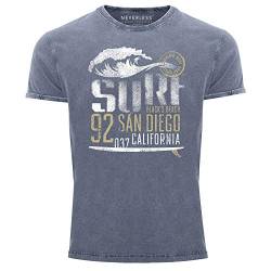 Neverless® Herren Vintage Shirt Surf California T-Shirt Aufdruck San Diego Welle Used Look Slim Fit blau XL von Neverless