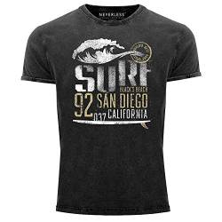 Neverless® Herren Vintage Shirt Surf California T-Shirt Aufdruck San Diego Welle Used Look Slim Fit schwarz M von Neverless