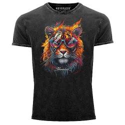 Neverless® Herren Vintage Shirt Tiger Print Aufdruck Flammen Sommer Sonnenbrille Kunst Fashion Streetstyle Used Look schwarz XL von Neverless