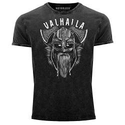 Neverless® Herren Vintage Shirt Valhalla Wikinger Helm Viking Odin Krieger Printshirt T-Shirt Aufdruck Used Look Slim Fit schwarz XXL von Neverless