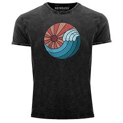 Neverless® Herren Vintage Shirt Welle Wave Sonne Sommer Retro Printshirt T-Shirt Aufdruck Used Look schwarz L von Neverless