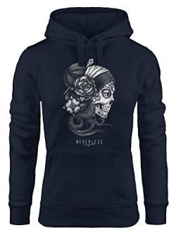 Neverless® Hoodie Damen Santa Print Muerte La Catrina Mexican Skull Dia de los Muertos Tattoo Design Kapuzen-Pullover Navy L von Neverless