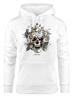 Neverless® Hoodie Damen Totenkopf Rosen Skull Roses Schädel Kapuzen-Pullover Frauen weiß S von Neverless