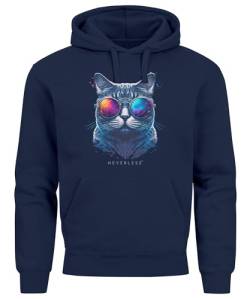 Neverless® Hoodie Herren Aufdruck Katze Cat Sommer Sonnenbrille Style Fashion Print Fashion Navy M von Neverless