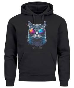 Neverless® Hoodie Herren Aufdruck Katze Cat Sommer Sonnenbrille Style Fashion Print Fashion schwarz 4XL von Neverless