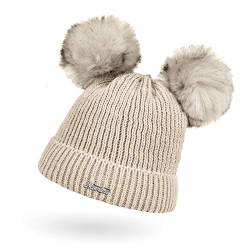 Neverless® Kinder Mädchen Strickmütze Zwei Bommel Kunstfell Doppelbommel Bommelmütze Wintermütze Pudelmütze Rippstrick beige Unisize von Neverless