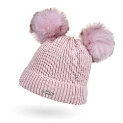 Neverless® Kinder Mädchen Strickmütze Zwei Bommel Kunstfell Doppelbommel Bommelmütze Wintermütze Pudelmütze Rippstrick rosa Unisize von Neverless