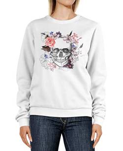 Neverless® Sweatshirt Damen Totenkopf Blumen Boho Design Print Flower Skull Rundhals-Pullover Pulli Sweater weiß XL von Neverless