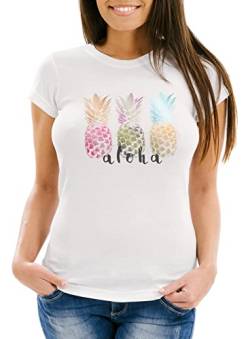 Neverless Damen T-Shirt Aloha Ananas Print Pineapple bunt Slim Fit weiß XL von Neverless