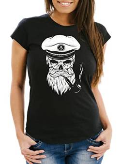 Neverless Damen T-Shirt Totenkopf Kapitän Captain Skull Bard Hipster Original Spirit Seemann Slim Fit schwarz M von Neverless