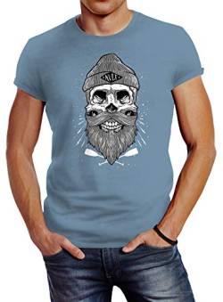 Neverless Herren T-Shirt Captain Skull Beard Totenkopf Bart Kapitän Slim Fit Stone Blue M von Neverless