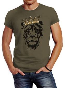 Neverless Herren T-Shirt König der Tiere Löwen-Kopf mit Krone Slim Fit Army L von Neverless