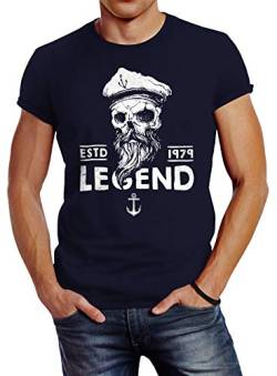 Neverless Herren T-Shirt Skull Captain Legend Totenkopf Bart Kapitän Slim Fit Navy 4XL von Neverless