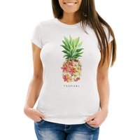 Neverless Print-Shirt Damen T-Shirt Ananas Blumen Pineapple Flowers Tropical Summer Paradise Slim Fit tailliert Baumwolle Neverless® mit Print von Neverless