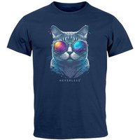 Neverless Print-Shirt Herren T-Shirt Aufdruck Katze Cat Sommer Sonnenbrille Style Fashion Pr mit Print von Neverless