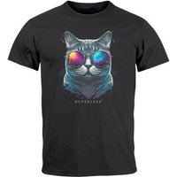 Neverless Print-Shirt Herren T-Shirt Aufdruck Katze Cat Sommer Sonnenbrille Style Fashion Pr mit Print von Neverless