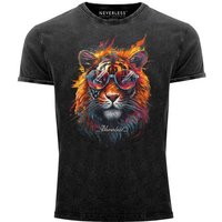 Neverless Print-Shirt Herren Vintage Shirt Tiger Print Aufdruck Flammen Sommer Sonnenbrille mit Print von Neverless