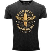 Neverless Print-Shirt Neverless® Herren T-Shirt Vintage Shirt Printshirt Surfing Motiv Vintage Effekt Palm Beach California USA Schriftzug Aufdruck Used Look Slim Fit mit Print von Neverless