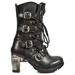 New Rock Boots TR003-S1 Damen Metallic Schwarzes Leder Biker Hacke Gote Punk Schuhe Knöchel Mode Stiefel 40 von New Rock