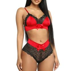 NewBull Damen Sexy Spitze Dessous Set Nachtwäsche Zweiteilig Durchsichtig Blumen Schleife Sling BH und Sexy Slips (Rot, M) von NewBull